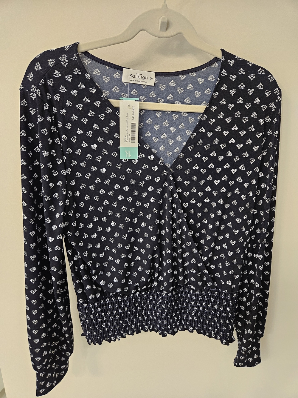 Kaileigh Navy and White Printed Long Sleeve Smocked-Hem Top